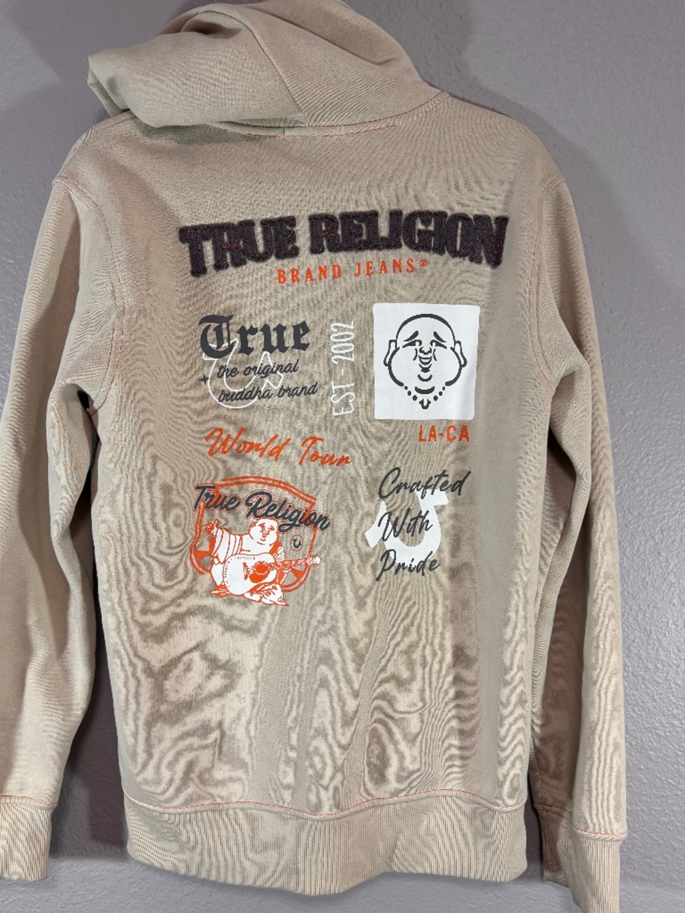 Mens True Religion Tan and Orange Zip Up Hoodie